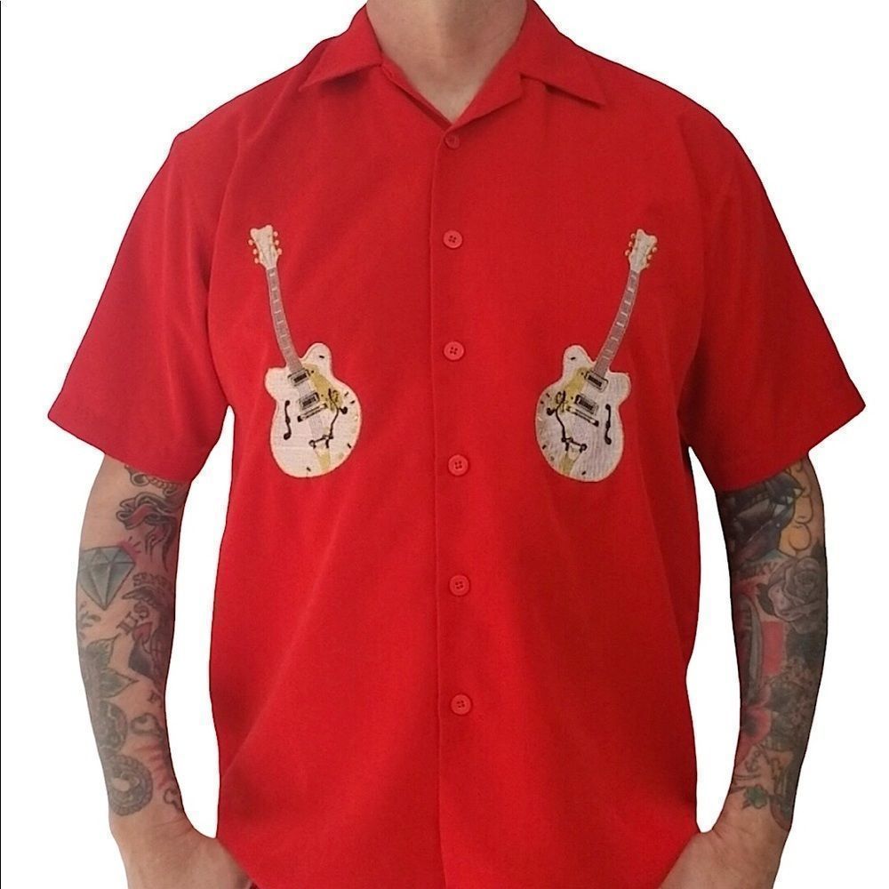 Vintage Perruzo Brand Guitar Embroidered Short Sleeve Red Shirt sz M